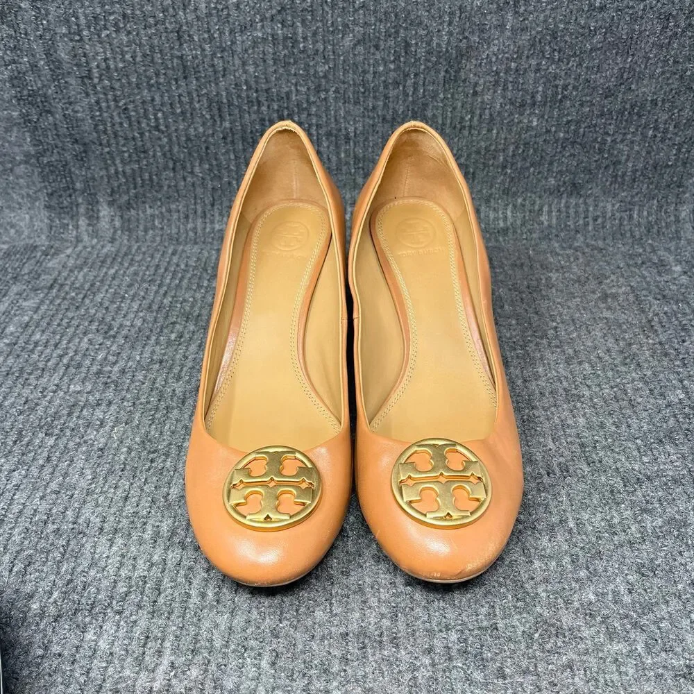 Tory Burch‎ Sally Wedge Closed Toe Heels Pumps Logo Brown Leather Women’s 9.5 M